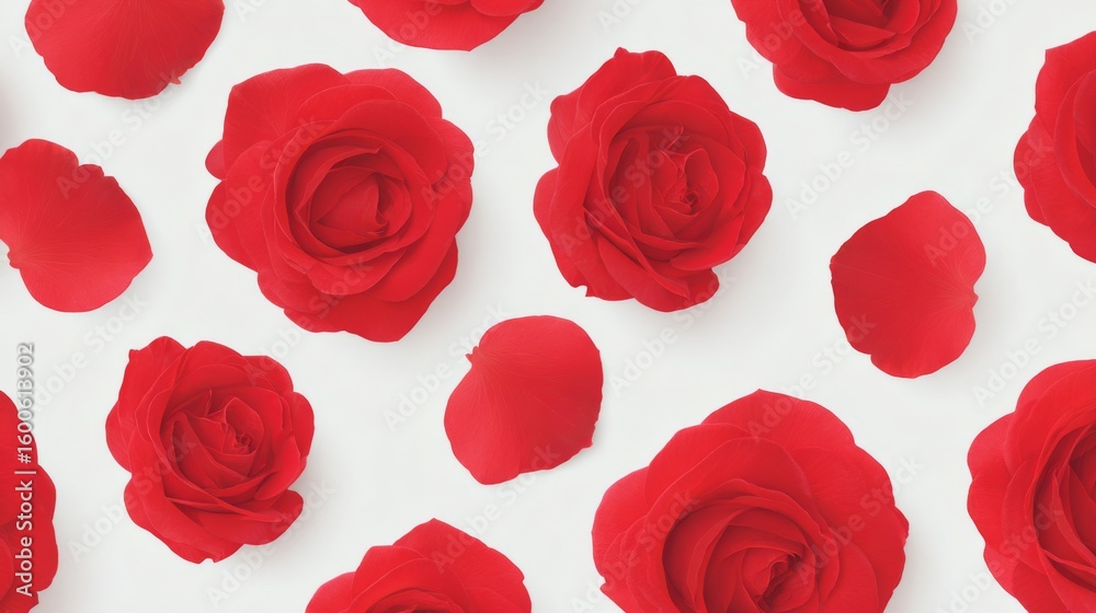 Obraz premium Red roses and petals on white background floral pattern Flowers Red petals