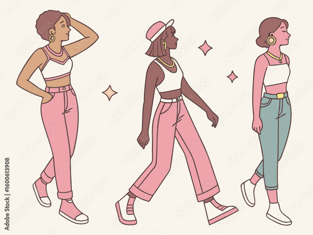 Three stylish women walking in fashionable outfits Three stylish women walking in fashionable outfits