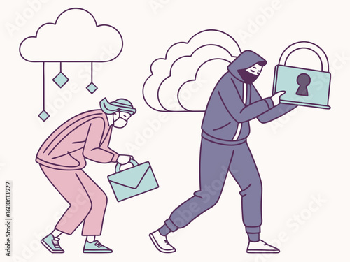 Hacker steals data from person carrying briefcase near clouds