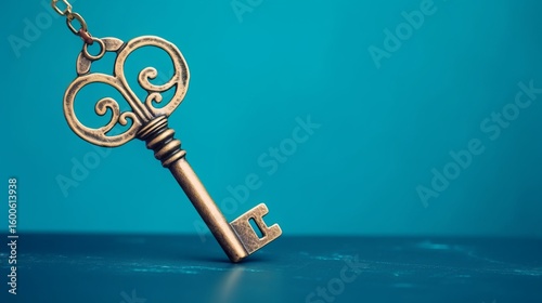 Vintage gold key on blue background life coaching solution or self realization concept