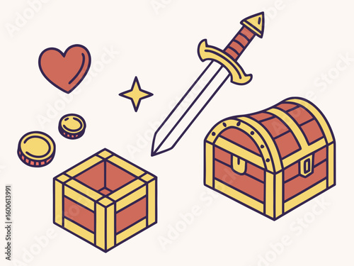 Fantasy game items including sword treasure chests coins and heart