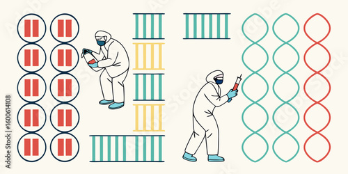 Scientists in hazmat suits working with dna and test tubes