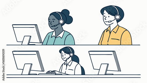 Diverse customer service agents working at computers with headsets