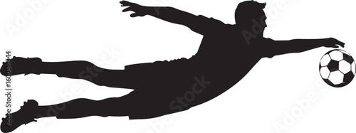 A goalkeeper diving sideways, arms outstretched to block or catch the ball, full-length silhouette vector.
