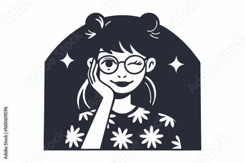 Winking woman with glasses and space buns smiles against a starry floral background