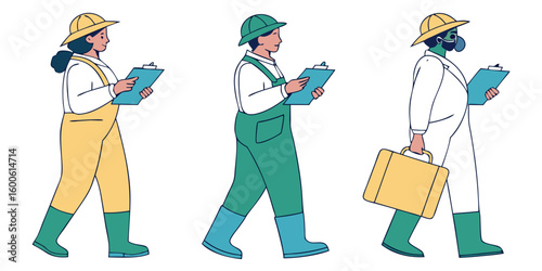 Three people in protective clothing holding clipboards and walking