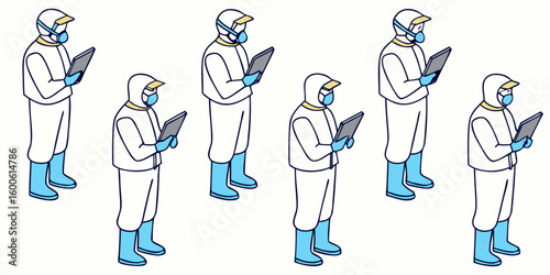 People in hazmat suits using digital tablets