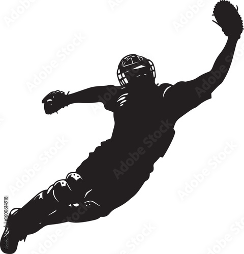 Catchera Throw to First Base Silhouette A catcher throwing to first base to pick off a runner, with the body angled sideways and the arm extended. full length silhouette black vector illustration