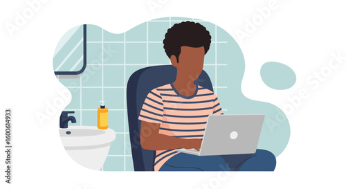 Man working on laptop in a bathroom - perfect for illustrating remote work, flexible work, or work-life balance.