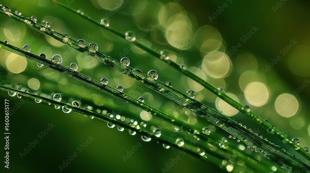 Naklejka premium Delicate blades of grass, glistening with morning dew.