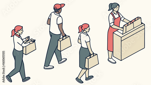 People with shopping bags in a store queue