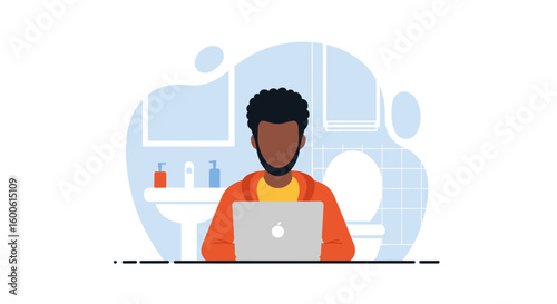 Man working on laptop in bathroom, illustration for work from home, remote work, and flexibility concepts.