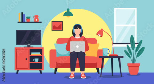 Woman working from home on laptop, cozy living room setting. Ideal for blogs, websites, or articles on remote work.