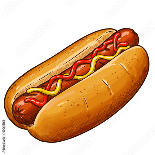 Hot dog with mustard and ketchup in a toasted bun  