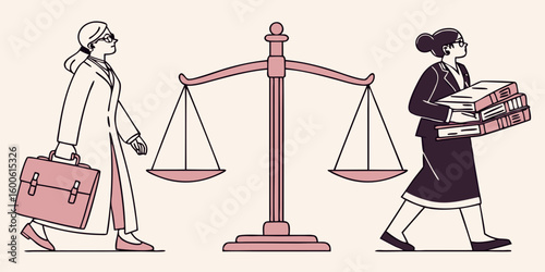 Two women walk past a set of scales of justice