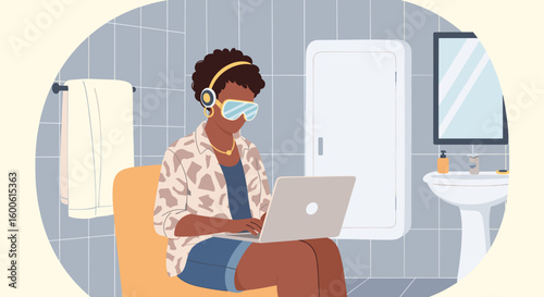 Woman working on laptop in bathroom, illustration for blog, website or social media.