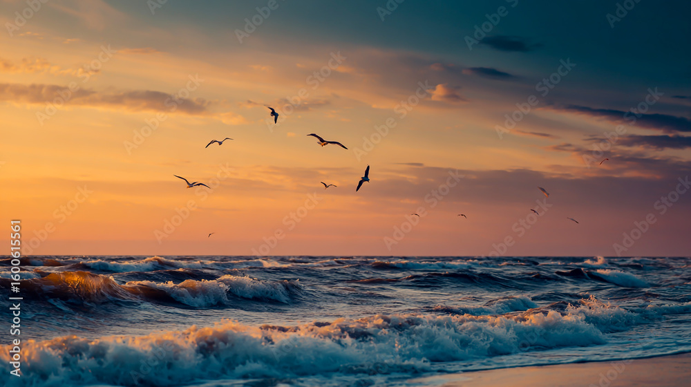 Fototapeta premium Seagulls flying over the sea at sunset, waves and a beautiful sky