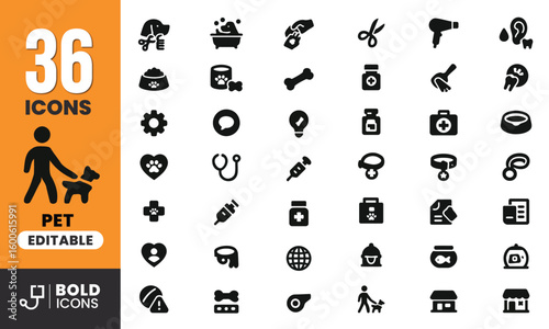 Bold Black Pet Care Vector Icons – Grooming to Vet Supplies