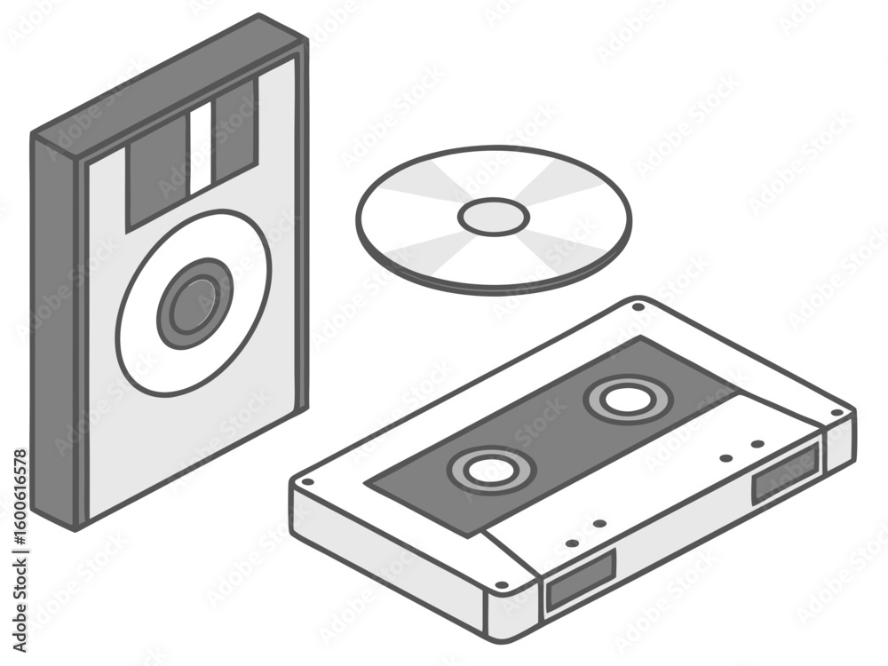 Fototapeta premium Vintage data storage devices floppy disk cd and cassette tape