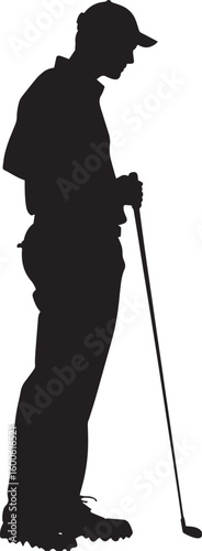 A golfer holding a distance measuring device, surveying the course or flag.