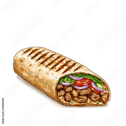 Grilled wrap sandwich with meat, tomatoes, and lettuce filling  
