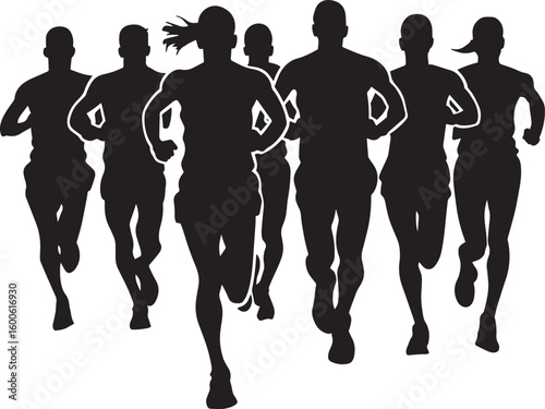 A group of runners in motion, their arms and legs moving in sync as they run together.