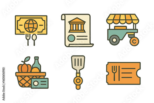 Icons representing food, finance, and shopping related to market activities and choices in a modern design