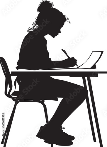 Making a Poster Silhouette A student sitting at a desk, designing a poster or art project. full length silhouette black vector illustration