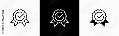 Verified badge icon. Approved or certified badge medal symbol. Approval check sign. Containing quality, brand, stamp, inspector checking, award, reward, winner, prize. Vector illustration
