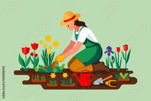 Woman pruning tulips in her garden

