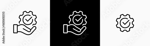 Hand holding a gear icon. Insurance verified cogwheel, Approved or certified symbol. Operation, process, maintenance customize, engineering. Vector illustration