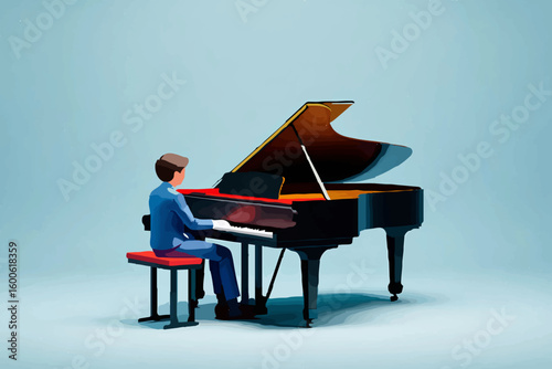 Man playing grand piano in concert hall

