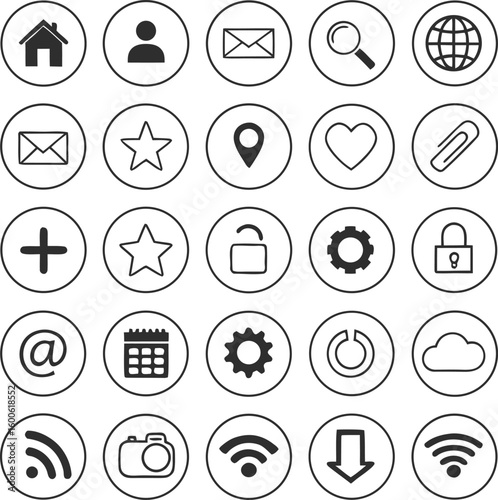 Collection of black and white circular icons representing common digital functions and services