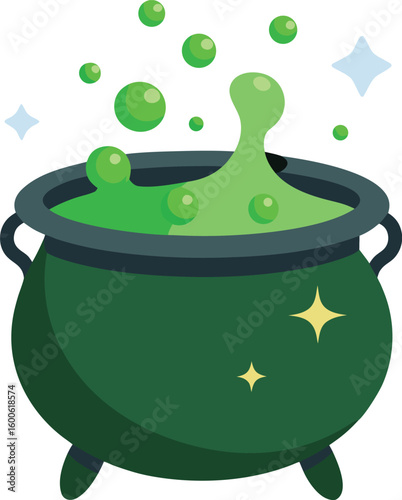 Green bubbling cauldron with magical potion isolated on transparent background