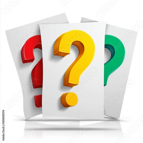 3D toy-style document with question marks and feedback icons, illustration vector-style precision, isolated on pure white background