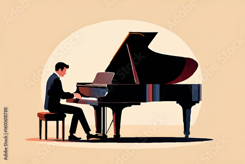 Man playing grand piano in concert hall

