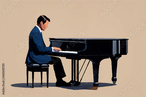Man playing grand piano in concert hall

