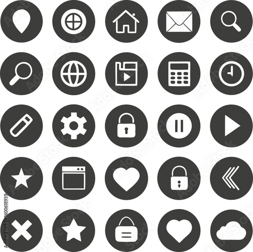 Collection of diverse white icons on dark circular backgrounds location crosshair
