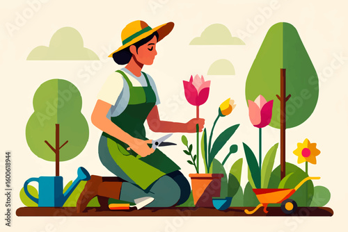 Woman pruning tulips in her garden

