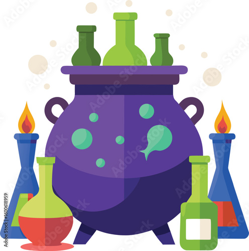 Witch s cauldron with potions and flames isolated on transparent background