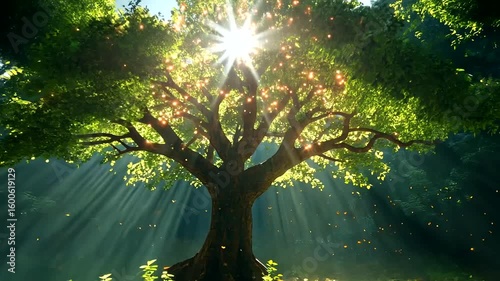 Sunbeams Through Enchanted Forest: A Magical Tree With Light Rays