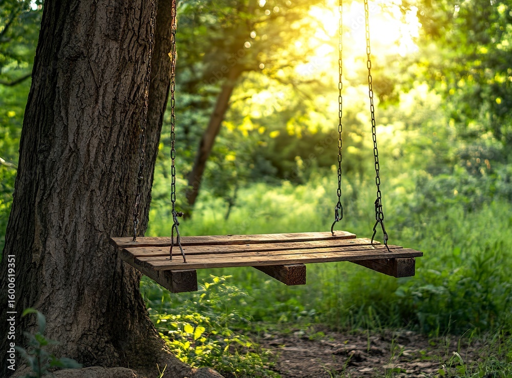 Naklejka premium A wooden pallet swing hanging from the tree in an old forest, sunny day, stock photo, --ar 64:47 --v 6.1 Job ID: c3ea8207-31f1-4ec5-aff0-af117ca10ec6