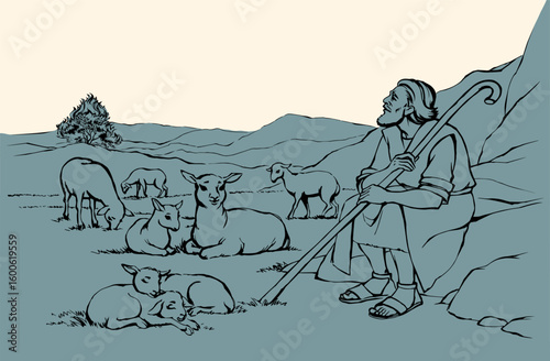 Vector drawing. Shepherd with sheep. Moses look at flaming bush