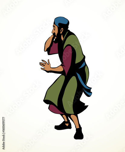 Vector drawing. Afraid man in eastern clothes