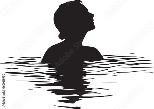 Elderly woman swimming gracefully, captured in a full-length silhouette in black vector.