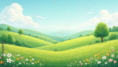 A summer meadow with bright flowers on a blue sky background