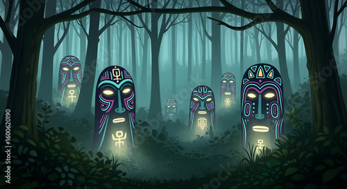 Mysterious Tribal Spirits in Forest Night