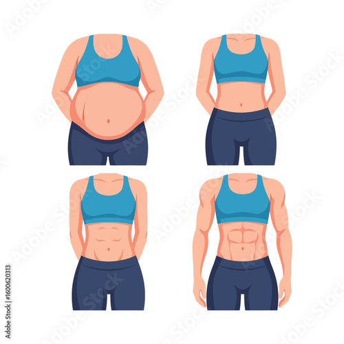 body fat woman with blue bra Flat 2D Vector Illustration of Weight Loss Transformation – Fat to Fit