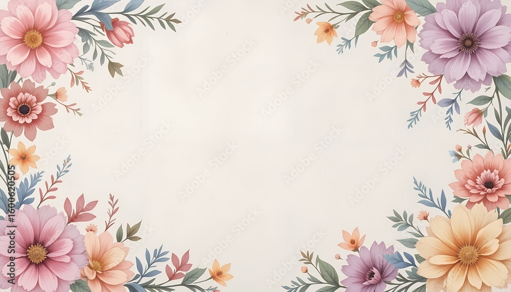 Fototapeta premium Soft Pastel Floral Border; Watercolor Style; Elegant Spring Design; Blank Space for Text