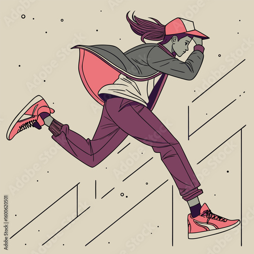 Illustration of a woman in motion wearing a cap and sneakers running up a set of stairs outdoors